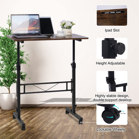 Standing Desk Adjustable Height, Mobile Stand Up Desk with Wheels Small Computer Desk Rolling Desk, Portable Laptop Desk Rustic Standing Table Sit Stand Home Office Desks 16"x31.5" Height 27"-43.5" KLSMYHOKI