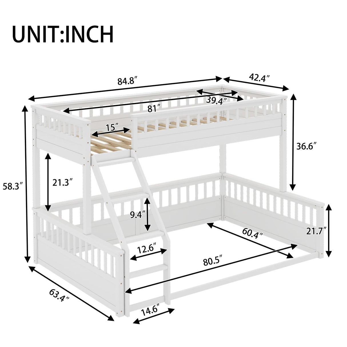 KEIKI Twin XL Over Queen Floor Bunk Bed, White Wooden Bunk Bed Frame with Ladder & Guardrail, Convertible to 2 Separated Kids Beds for Teens Bedroom, Easy Assembly, White KEIKI