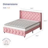 HOMBCK Full Size Bed Frame, Upholstered Bed with Diamond Headboard, Pink Bed Frame Full with Wingback Headboard & Footboard, No Box Spring Needed, Easy Assembly, Pink HOMBCK