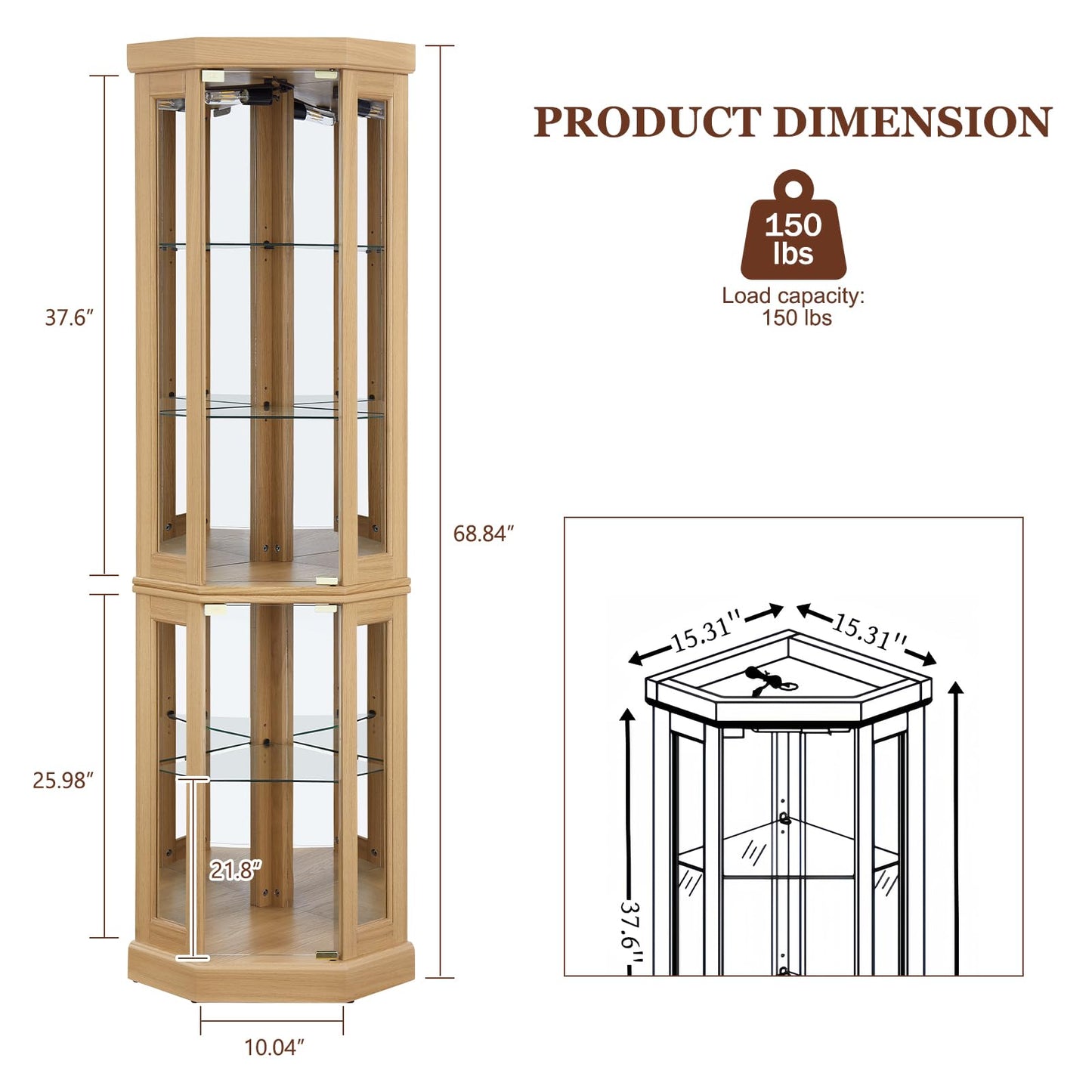 XUWANSHANG Corner Curio Cabinets,Lighted 3-Side Glass Display Curio Cabinet, Curved Wood Corner Cabinet,Curio Cabinets with Glass Doors,Adjustable Shelves,Curio Cabinet for Living Room,Light Oak