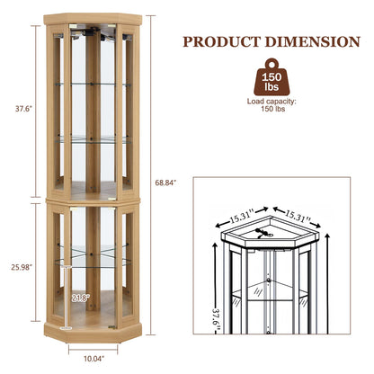 XUWANSHANG Corner Curio Cabinets,Lighted 3-Side Glass Display Curio Cabinet, Curved Wood Corner Cabinet,Curio Cabinets with Glass Doors,Adjustable Shelves,Curio Cabinet for Living Room,Light Oak