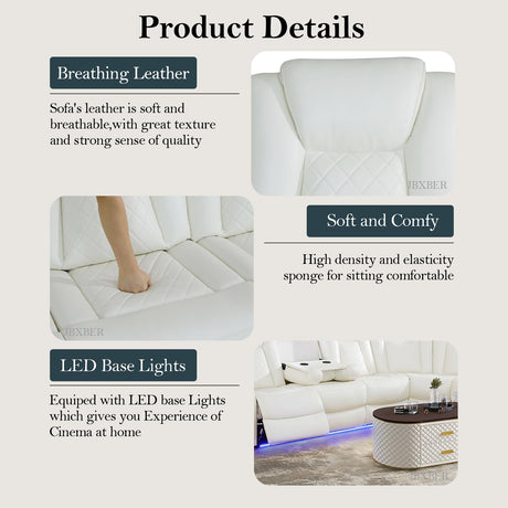 JBXBER Power Recliner Sectional Sofa Set, White Leather Sectional Couch for Living Room, L Shape Reclining Sofa with Led Lights, Cup Holder, Pull-Down Table for Home/Office(6 Seat) JBXBER