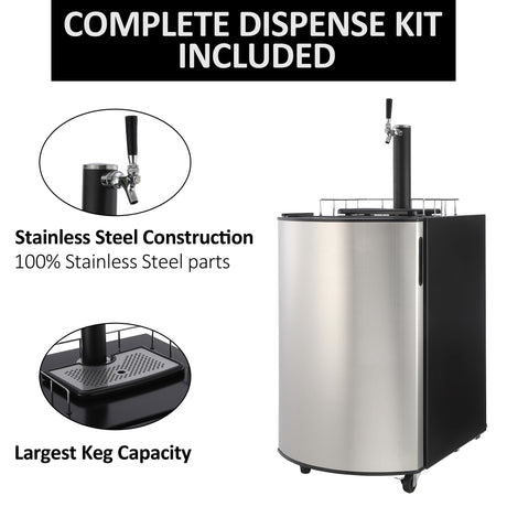 TROPOW Beer Kegerator, Single Tap Draft Beer Dispenser, Full Size Keg Refrigerator With Shelves, Stainless Steel, Drip Tray & Rail,silver, 128L TROPOW