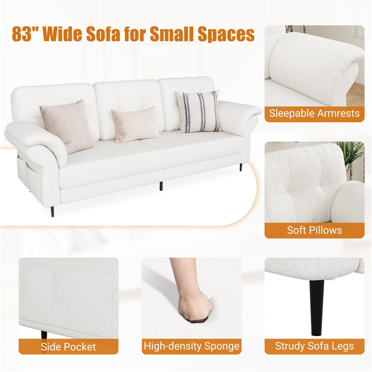 GarveeHome 83.5" Sofa for Living Room,Modern Sofa Couch- 3 Seater Sofa with Removable Pillows,Comfy Sofa Couch with Wide Seats,Teddy Fleece Sofa,Couch for Living Room Apartment Lounge,White GarveeHome