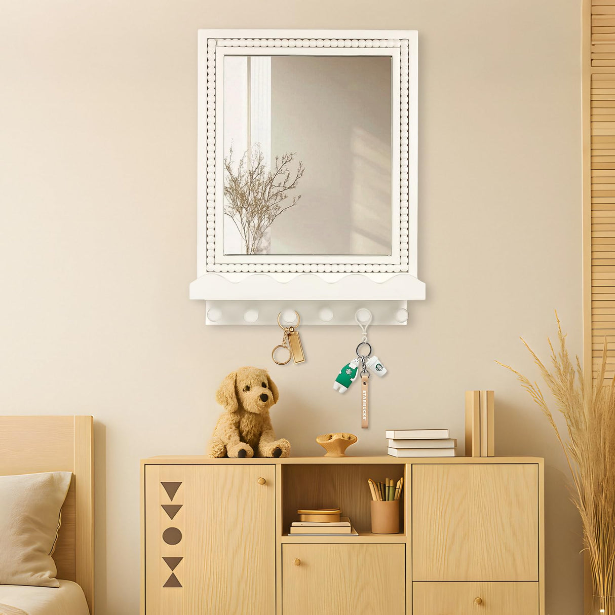 Tirzah 16x12 Inch Wall Mount Beaded Wood Framed Mirror with Shelf and 6 Hooks, White Decorative Entryway Mirror with Storage for Laundry Room, Bathroom, Bedroom Tirzah