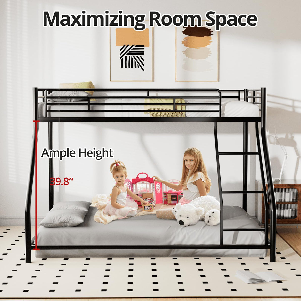 TURRIDU Full XL Over Queen Bunk Bed, Heavy Duty Metal Bunk Bed Frame with Full-Length Guardrails & Ladders, Bedroom Bunk Bed for Teens, Adults, Noise Free, Black TURRIDU