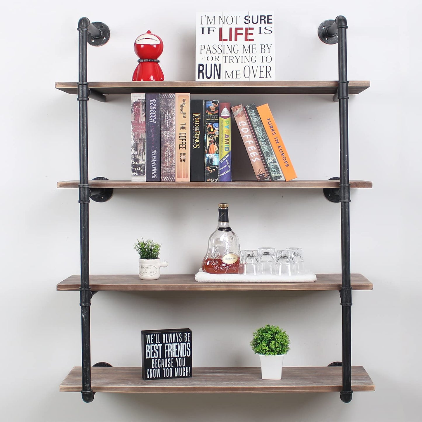 Industrial Pipe Shelving Wall Mounted,48in Rustic Metal Floating Shelves,Steampunk Real Wood Book Shelves,Wall Shelf Unit Bookshelf Hanging Wall Shelves,Farmhouse Kitchen Bar Shelving(4 Tier)