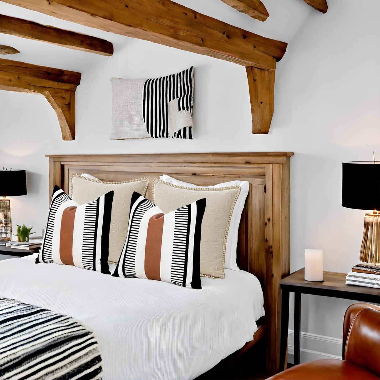 Vfuty Pack of 2 Farmhouse Throw Pillow Covers for Couch Sofa Decorative Faux Leather Square Cushion Cover Tribal Stripe Accent Pillow Case 18 x 18 Inch,Black Vfuty