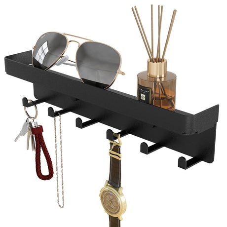 SZUGCOTD Key Holder for Wall Rustic Key and Mail Organizer 6 Key Hooks with Shelf Small Key Rack with Tray Adhesive Key Hanger Wall Mount for Entryway Hallway Living Room Decor, Metal, Matte Black SZUGCOTD