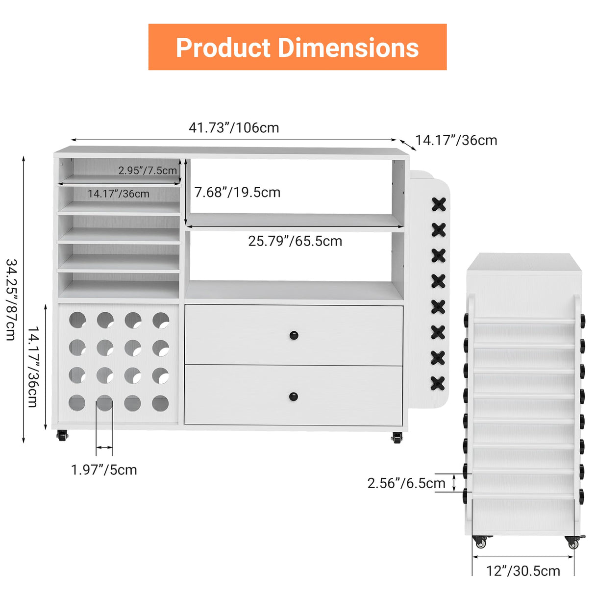 Craft Storage Cart Compatible with Cricut Machines, Mobile Craft Table Workstation for Cricut Maker, 24 Vinyl Roll Holders Cabinet 2 Drawers, Lockable Wheels Hipicute