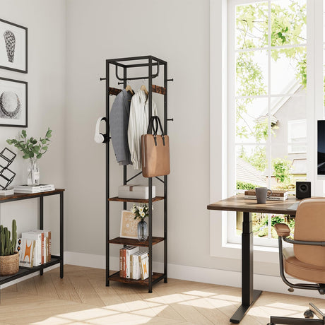 ELYKEN Coat Rack Freestanding, Hall Tree with 3 Storage Shelves and 12 Hooks, Industrial Clothes Rack Stand Organizer for Bedroom, Hallway, Entryway, Office, Living Room, Rustic Brown ELYKEN