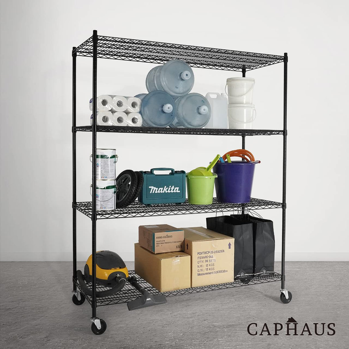 CAPHAUS 4-Tier Commercial Grade Heavy Duty Adjustable Height Wire Shelving w/Wheels & Leveling Feet, Storage Metal Steel Shelf, Garage Shelving CAPHAUS