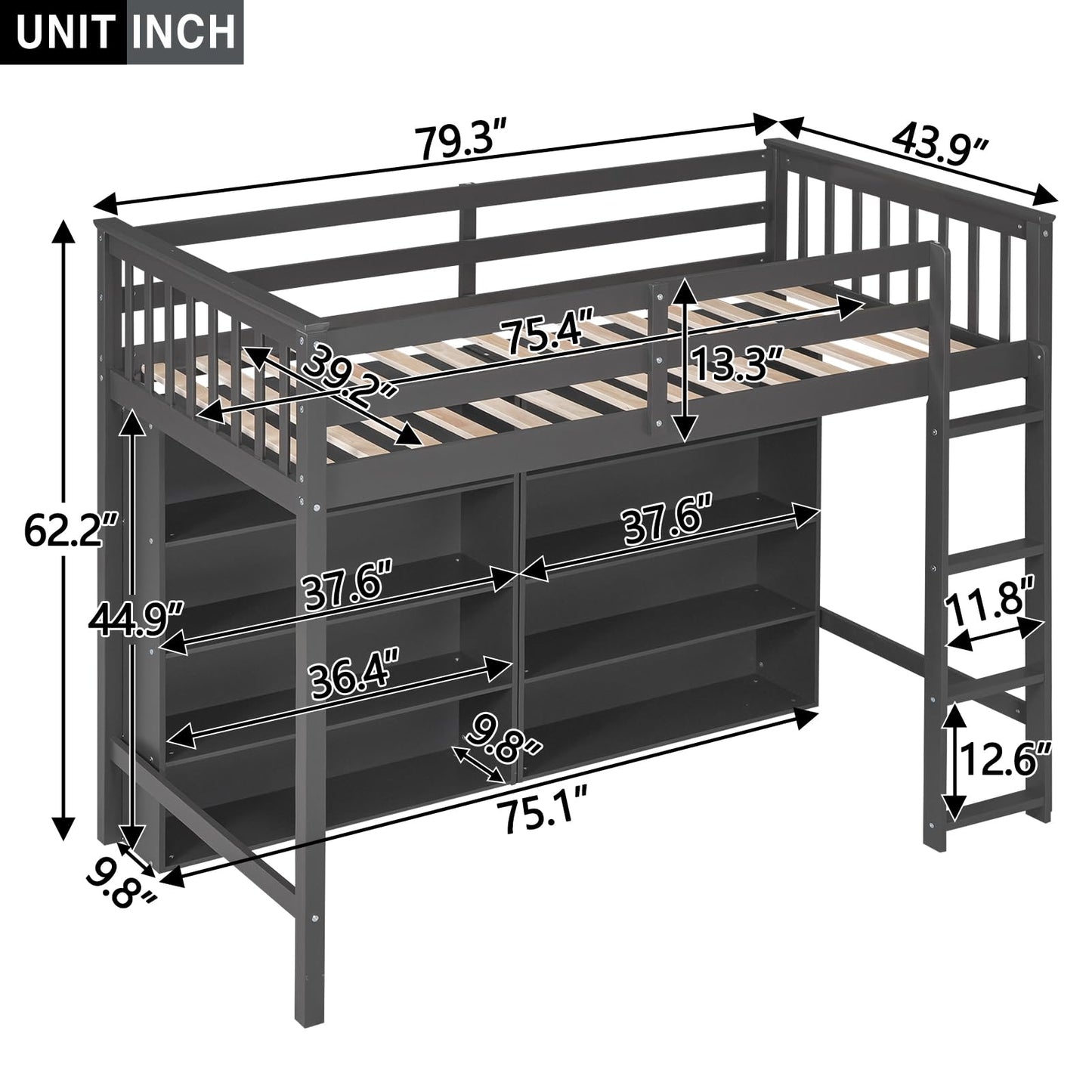 SOFTSEA Twin Size Loft Bed with Storage, Solid Wood Loft Bed with Open Storage Shelves, Multi-Functional Loft Bed Frame with Ladder for Kids Boys Girls Teens, Grey