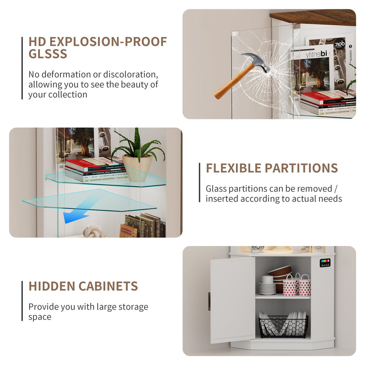 Lvifur 69" Corner Glass Display Cabinet with RGB Lights,3-Tier Movable Glass Shelves,Curio Display with Human Body Sensor,Bookcase with Storage Cabinet for Toys,Books,Collectibles,Liquor,White Lvifur