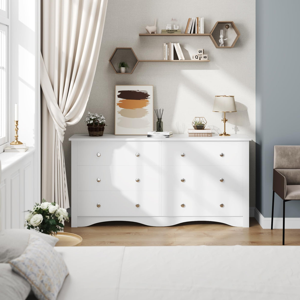 Furmax 6 Wood Drawers Dresser for Bedroom, Double Dresser for TV up to 65 inch, TV Stand Storage Chest of Drawers for Living Room Hallway Entryway (White) Furmax