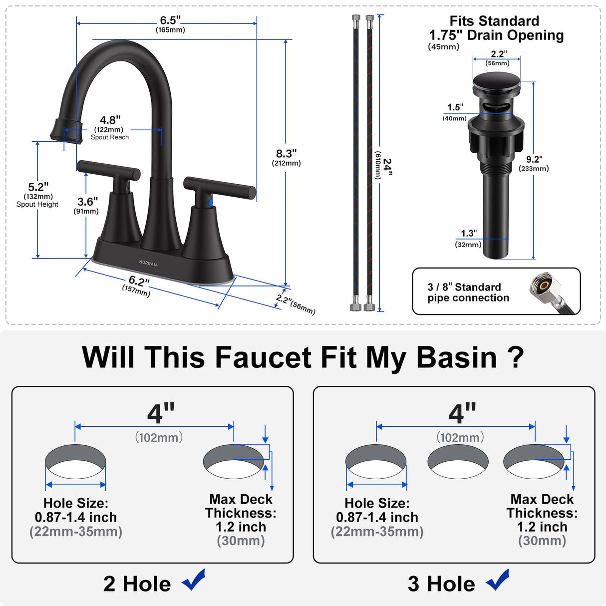 Bathroom Faucets for Sink 3 Hole, Hurran 4 inch Matte Black with Pop-up Drain and 2 Supply Hoses, Stainless Steel Lead-Free 2-Handle Centerset Faucet for Sink Vanity Hurran