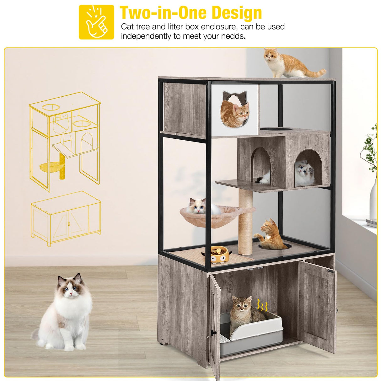 Aivituvin Cat Litter Box Enclosure, Litter Box Furniture Hidden, Wooden Cat Washroom Furniture, Indoor Cat House with Condo, Hammock, Scratching Mat and Storage Shelves-Greige Aivituvin