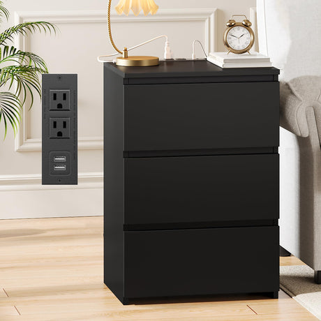 FOTOSOK Black Nightstand, 26" H Black Night Stand with Charging Station, Black Nightstand with USB Ports & Power Outlets, Silent Slides, Wooden End Side Table Bedside Table with 3 Drawers for Bedroom FOTOSOK