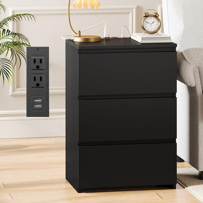 FOTOSOK Black Nightstand, 26" H Black Night Stand with Charging Station, Black Nightstand with USB Ports & Power Outlets, Silent Slides, Wooden End Side Table Bedside Table with 3 Drawers for Bedroom