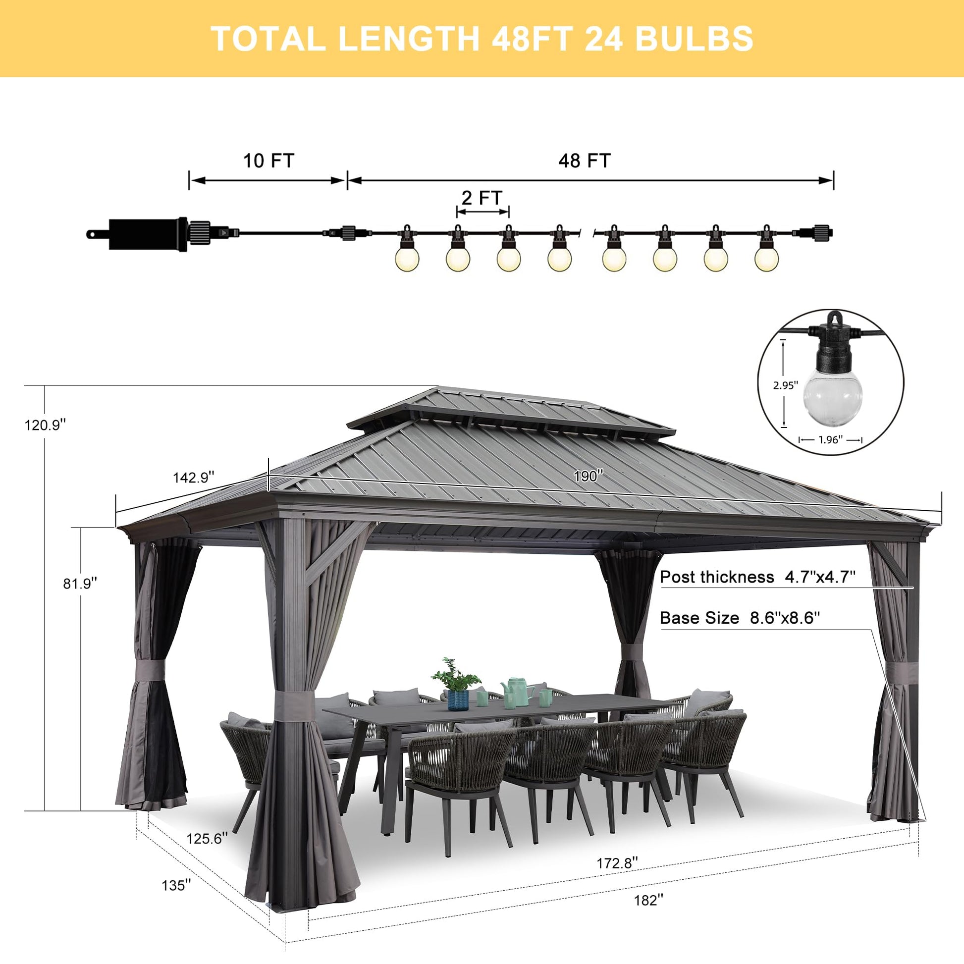 PURPLE LEAF 12' X 16' Permanent Gazebo with Light Hardtop Roof for Outdoor Lawn and Garden Pavilion Grey - WoodArtSupply