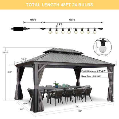 PURPLE LEAF 12' X 16' Permanent Gazebo with Light Hardtop Roof for Outdoor Lawn and Garden Pavilion Grey - WoodArtSupply