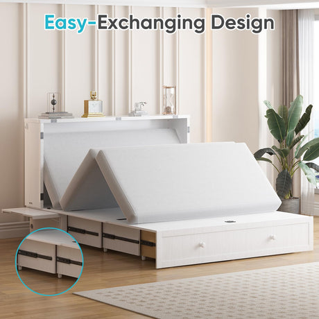 CECER Queen Size Solid Wood Murphy Bed with Memory Foam Mattress，Murphy Bed with Charging Station and Two Large Storage Drawers for Small Spaces/Bedroom/Guest Room（White） CECER