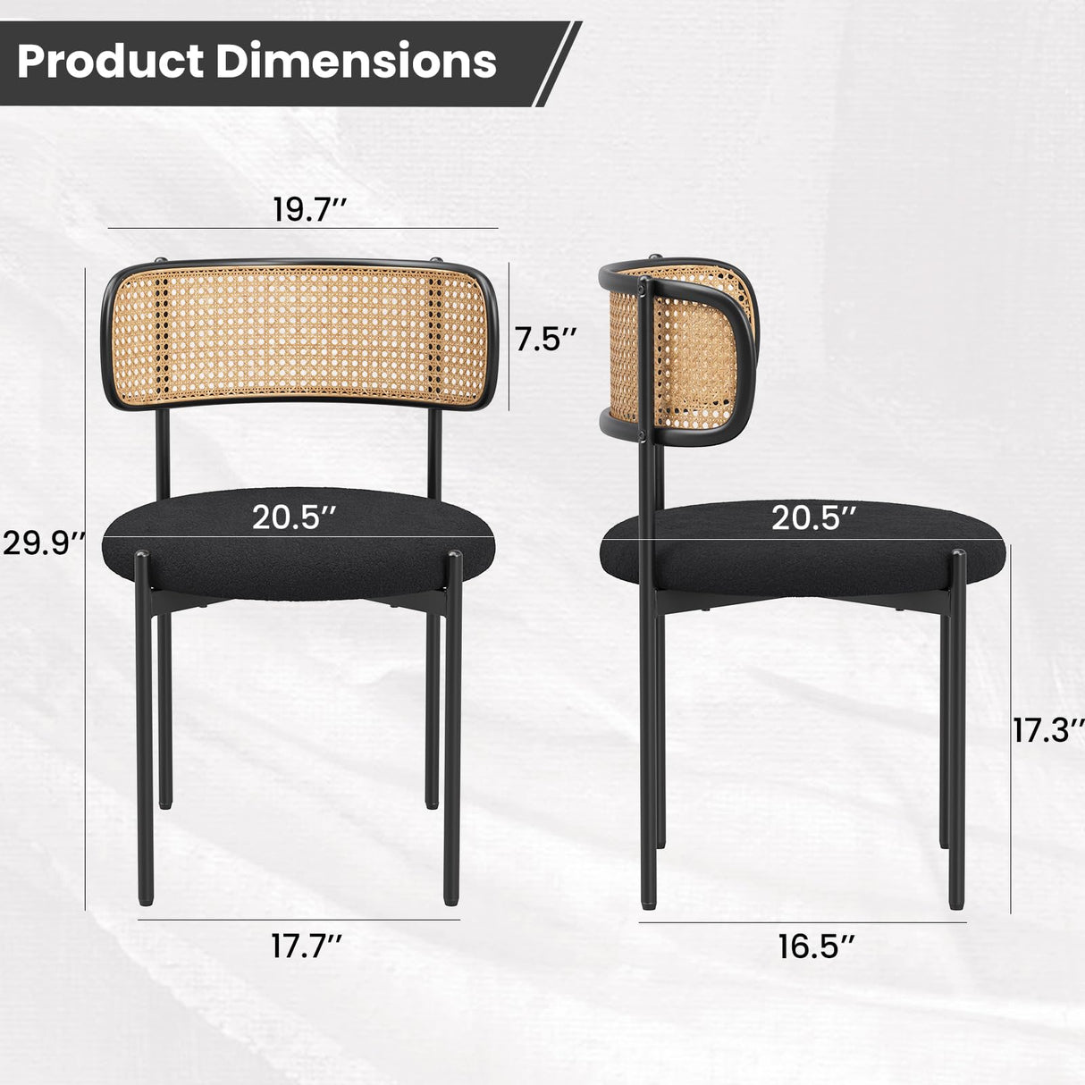 Farini Modern Upholstered Dining Chairs Set of 4,Rattan Back Dining Room Chairs,Accent Kitchen Chairs with Metal Legs,Black Farini