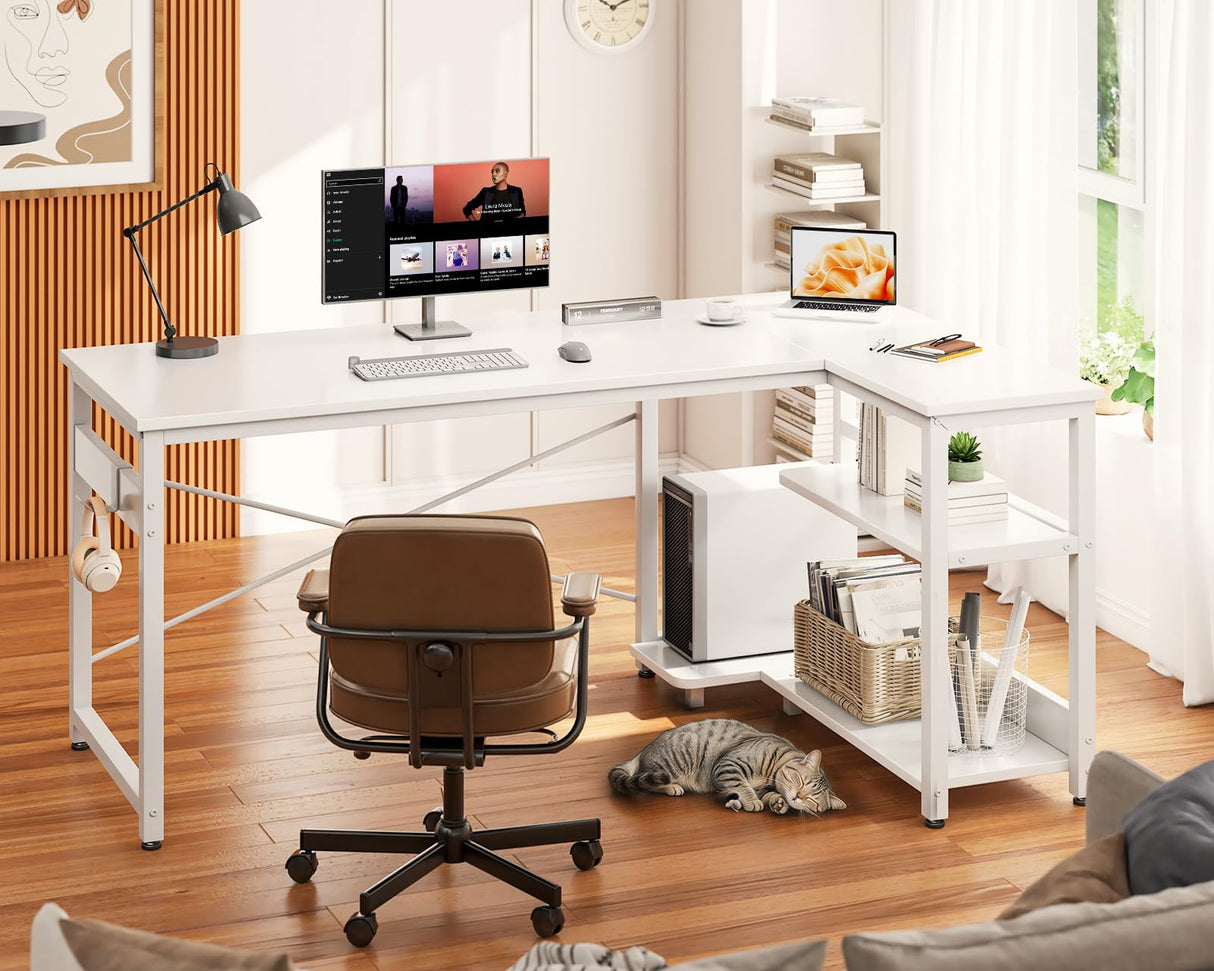 Casaottima L Shaped Computer Desk, 48 Inch Small Corner Desk with Storage Shelves & PC Stand, Reversible Gaming Desk for Bedroom, Modern Writing Study Table for Home Office, White Casaottima