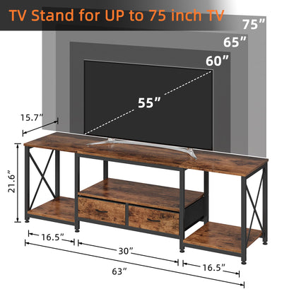 GYIIYUO TV Stand with Fabric Drawers for 65 70 75 Inches TV - Entertainment Center and Industrial TV Console Table with Open Storage Shelves for Living Room, Bedroom - 63" Rustic Brown - WoodArtSupply