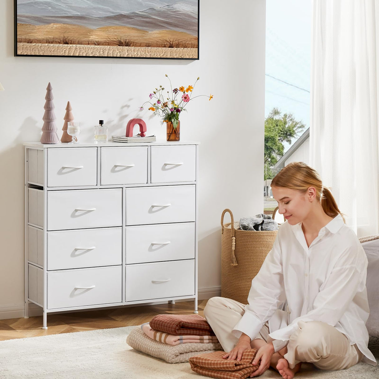 DUMOS Dresser for Bedroom, Storage Drawers, Fabric Storage Tower with 9 Drawers, Chest of Drawers with Fabric Bins, Sturdy Metal Frame, Wood Tabletop for Kids Room, Closet, Entryway, Nursery, White DUMOS