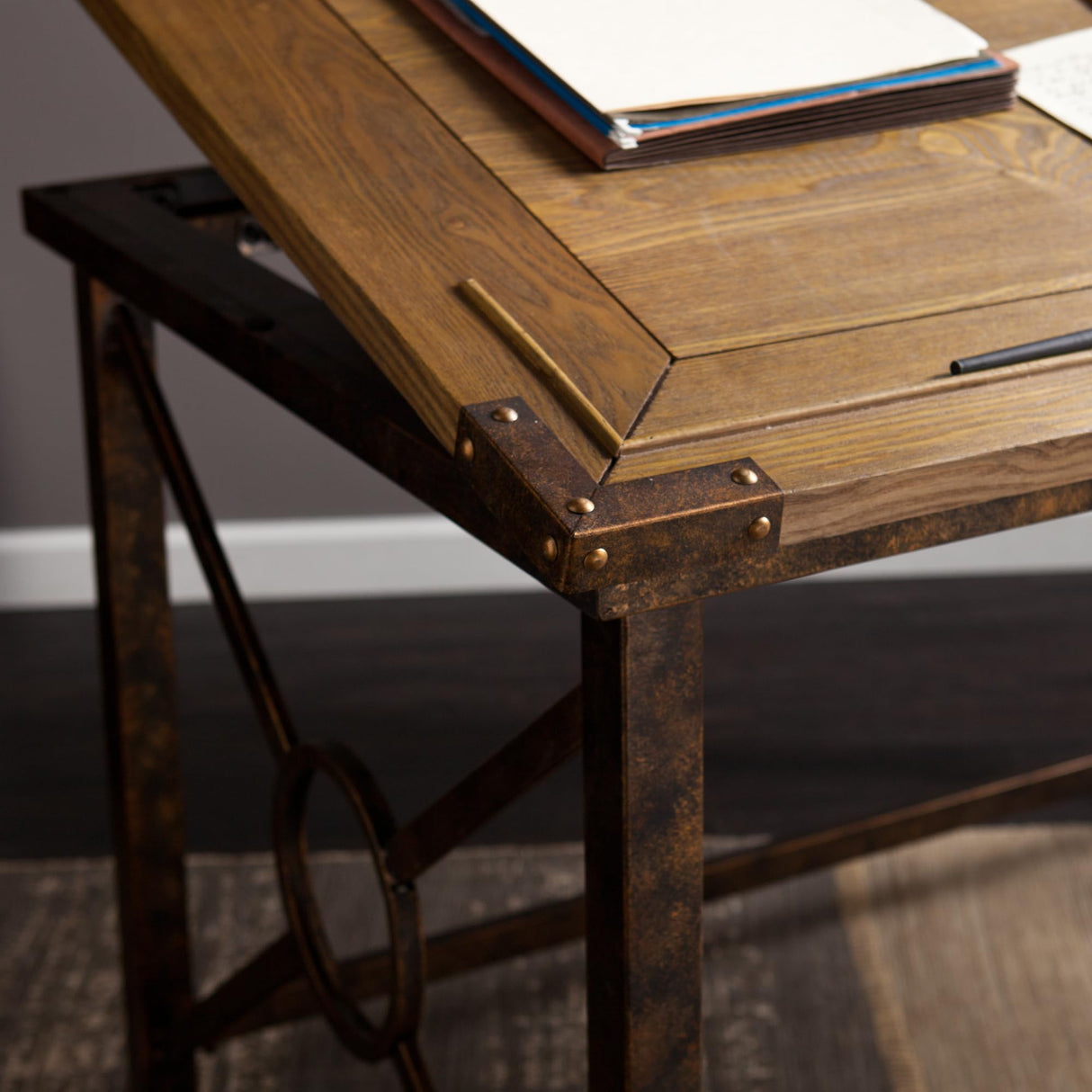 SEI FURNITURE Knightley Tilt Top Drafting Table - 51.5 inch Wide - Oak Wood Finish w/ Antique Brass, Brown SEI Furniture
