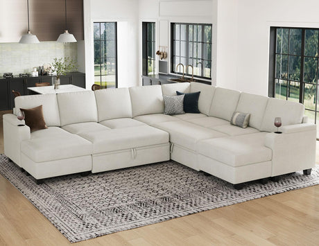 Belffin Oversized Sleeper Sofa U Shaped Modular Sectional Couch with Double Storage Chaise Convertible Sofa Bed. White Couch Belffin