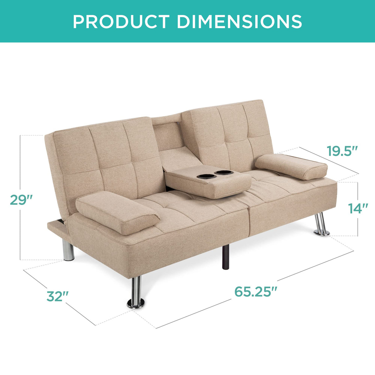 Best Choice Products Linen Modern Folding Futon, Reclining Sofa Bed for Apartment, Dorm w/Removable Armrests, 2 Cupholders - Beige Best Choice Products