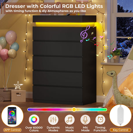 HAUOMS Tall 5 Drawer Dresser with LED Light, Black Modern Chest of Drawers for Bedroom,Closet Dressers with Drawers for Living Room, Entryway, Hallway HAUOMS
