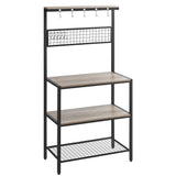 VASAGLE Bakers Rack, Coffee Bar, Kitchen Storage Shelf Rack with 10 Hooks, 3 Shelves, Adjustable Feet, for Microwave Oven, 15.7 x 33.1 x 66.9 Inches, Industrial, Greige and Black UKKS017B02 VASAGLE