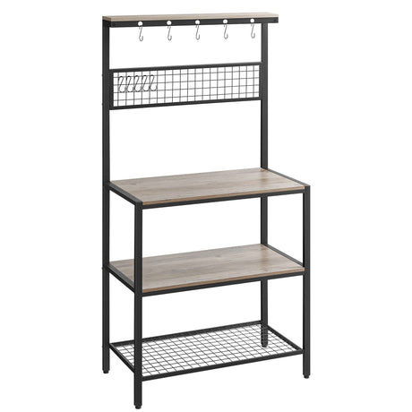 VASAGLE Bakers Rack, Coffee Bar, Kitchen Storage Shelf Rack with 10 Hooks, 3 Shelves, Adjustable Feet, for Microwave Oven, 15.7 x 33.1 x 66.9 Inches, Industrial, Greige and Black UKKS017B02 VASAGLE