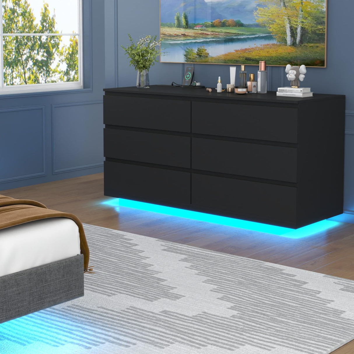 Gyfimoie 6 Drawer Dresser with Power Outlet, Floating White Dresser Chest of Drawer with LED Light,Modern Double Wide Drawer Organizer Cabinet for Bedroom,Living Room (Black) Gyfimoie