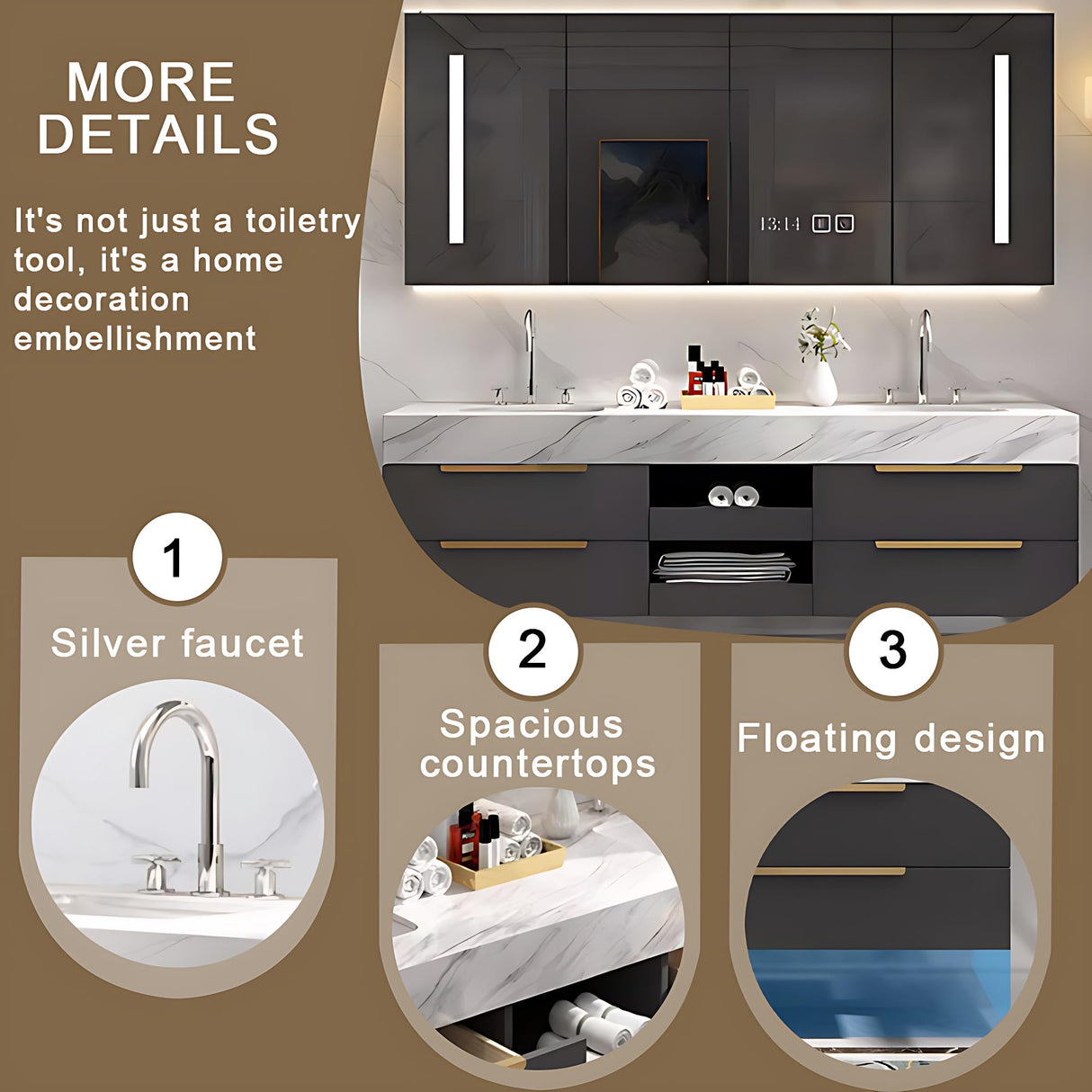 Kadaligh 60IN Modern Double Sink Bathroom Vanity - Floating Bathroom Vanity Cabinet Include 2 Sink Designs & Dressing Mirror Cabinet with LED | 4 Large Drawers & Golden Handles, Grey Kadaligh