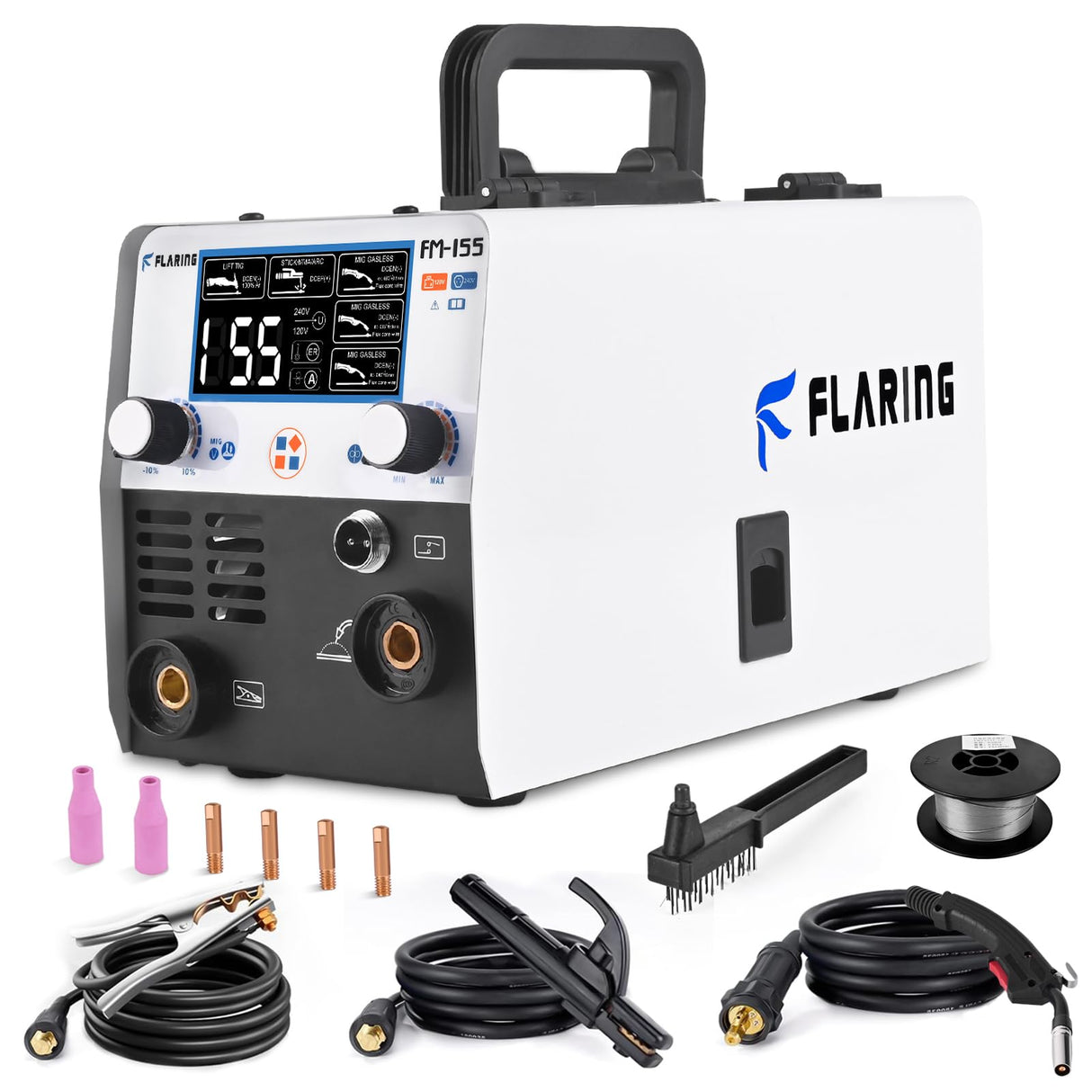 FLARING 155Amp MIG Welder, 110V Flux Core Welder Flux MIG/Lift TIG/Stick 3-in-1 Large LED Digital Display Welding Machine IGBT Inverter Gasless Welder Update FM155 FLARING
