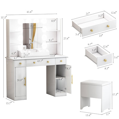 HUANLEGO Vanity Desk with Mirror and Lights, Makeup Vanity with Charging Station & Vanity Stool, 3 Drawers and Cabinets White Vanity Mirror with RGB LED Lights Vanity Desk and Chair for Women - WoodArtSupply