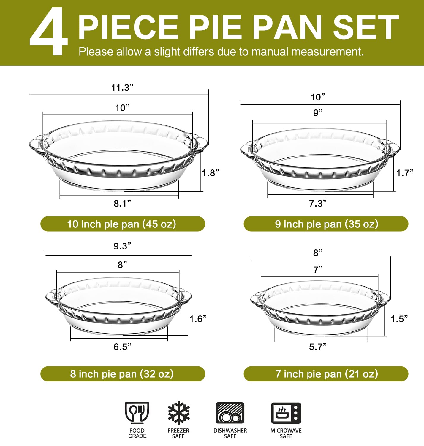 4 Packs Glass Pie Plates, MCIRCO Deep Pie Pans Set (7"/8"/9"/10"), Pie Baking Dishes with Handles for Baking and Serving, Clear