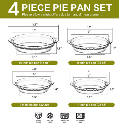 4 Packs Glass Pie Plates, MCIRCO Deep Pie Pans Set (7"/8"/9"/10"), Pie Baking Dishes with Handles for Baking and Serving, Clear