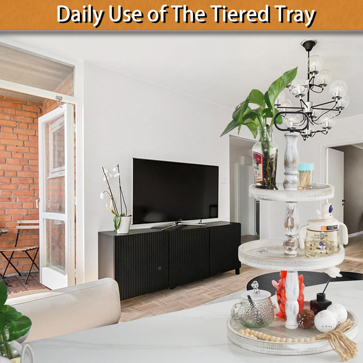 Krismax Decorative Tray - Cupcake Stand Three Tiered Tray Stand, Rustic Round Farmhouse Style Tiered Tray Decor, Farmhouse 3 Tiered Serving Tray, Holiday Decoration (White) Krismax