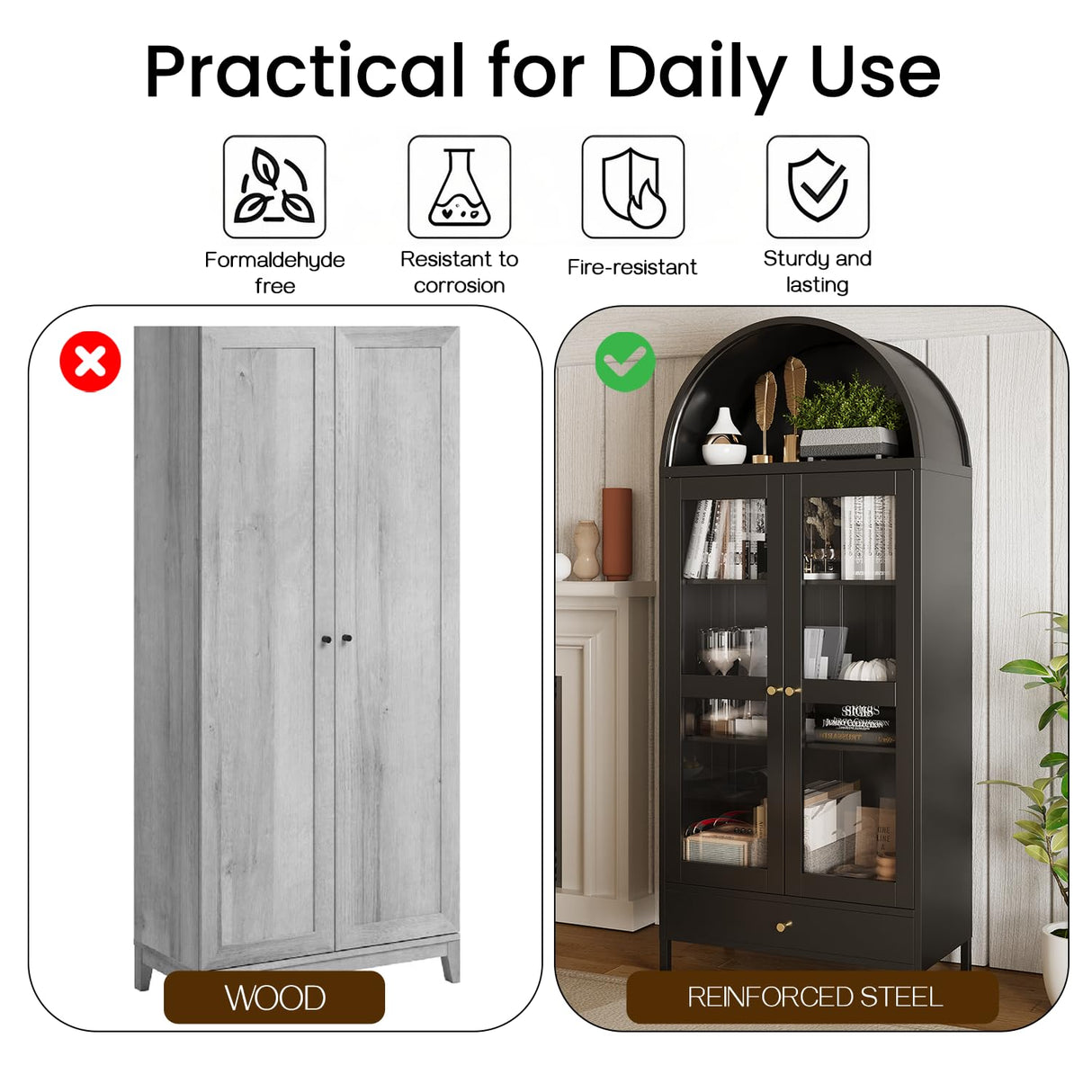 JFHID 73'' Arched Metal Storage Cabinet, Modern Kitchen Pantry with Glass Door, Drawer & Adjustable Shelves, Curio Display Bookcase for Kitchen, Dining or Living Room JFHID