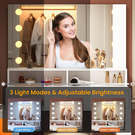 AOGLLATI Makeup Vanity Desk with Mirror and Lights & Charging Station, White Vanity Table with 3 Drawers LED Dresser, Makeup Desk with 3 Lighting Modes, 5 Drawers and Cabinet Storage AOGLLATI
