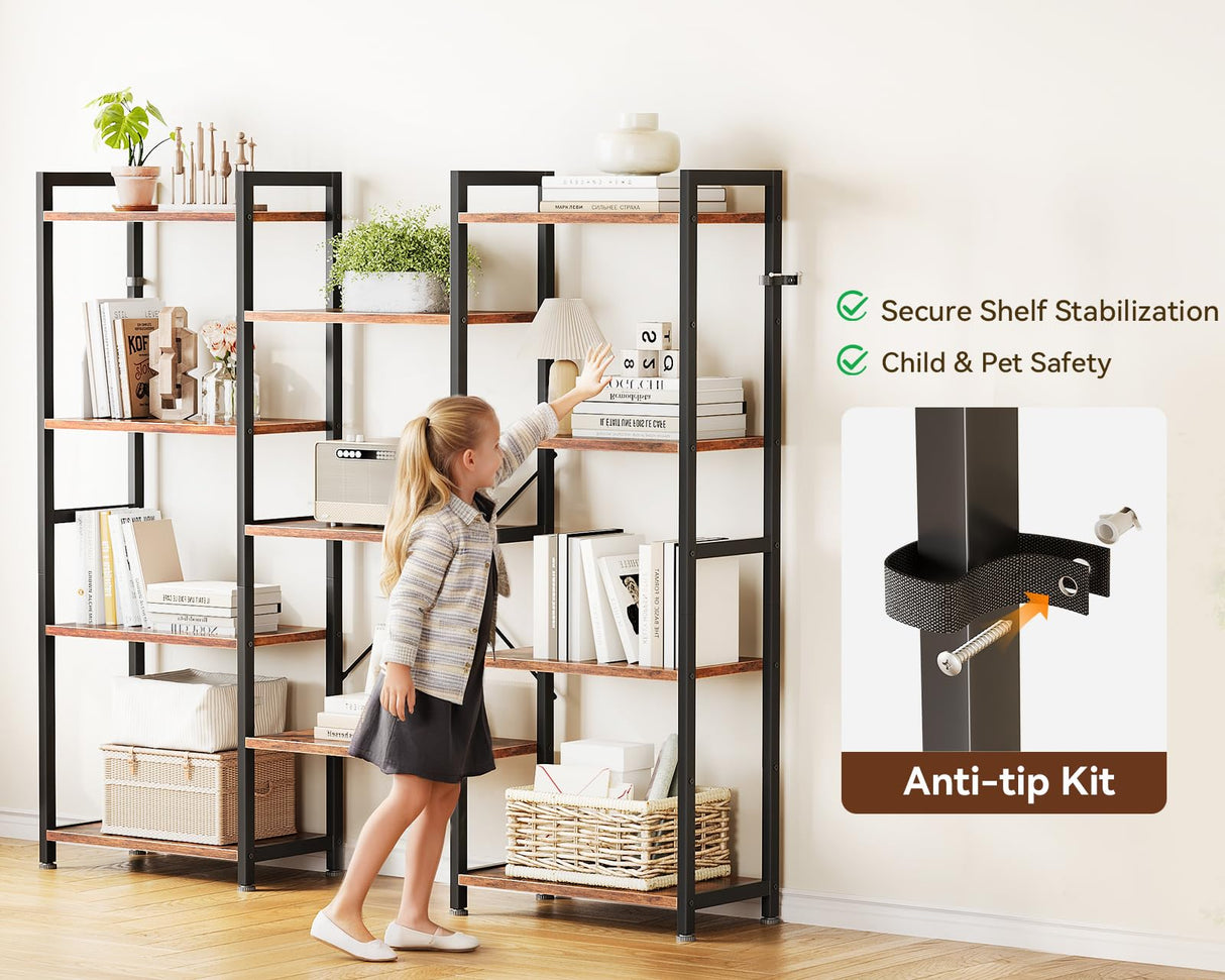 Casaottima Triple 4 Tier Bookshelf, Large Bookcase with 11 Open Display Shelves, Modern Industrial Book Shelves Book Case for Bedroom, Wide Standing Shelving Unit for Living Room Home Office, Vintage Casaottima