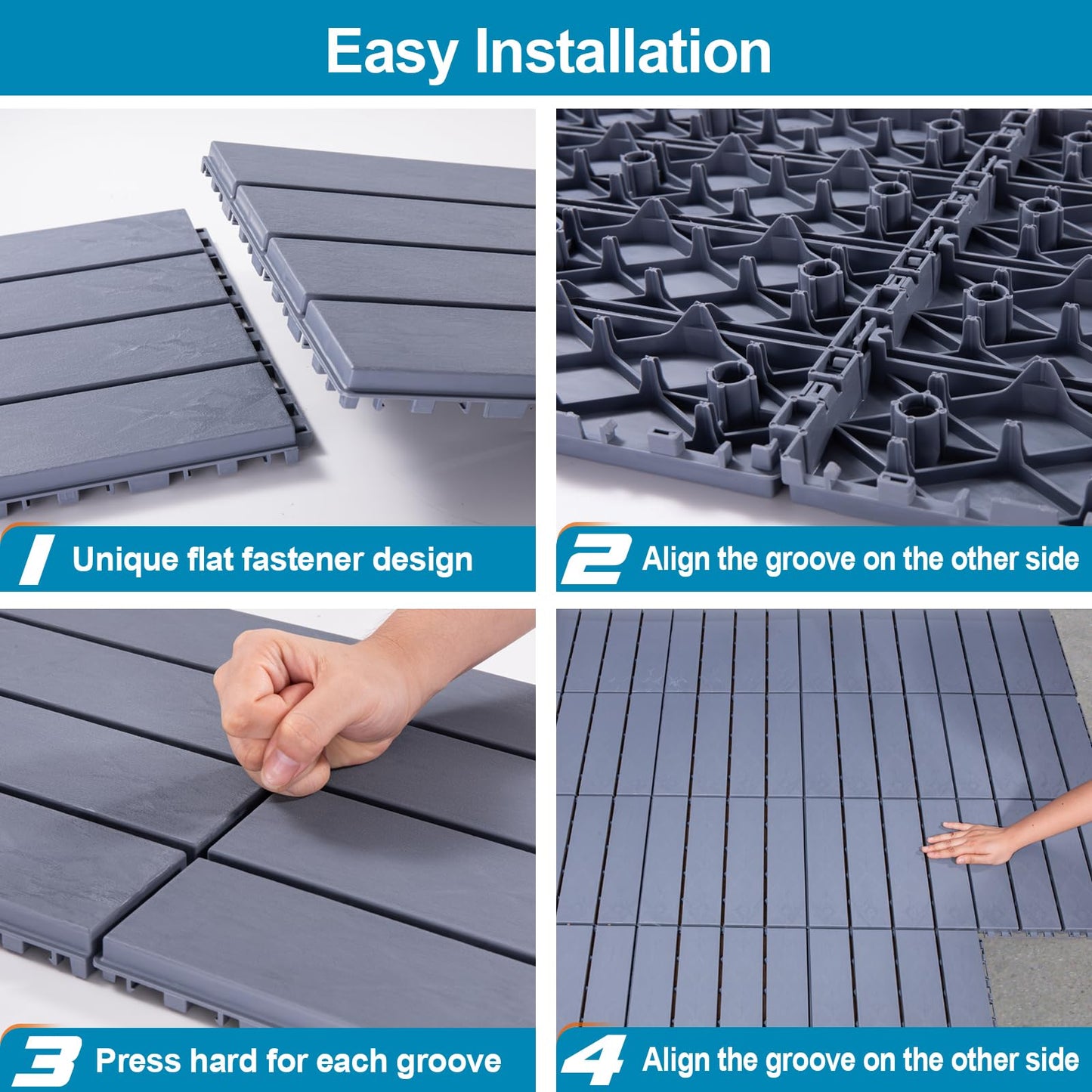 Spurtar Plastic Interlocking Deck Tiles 9 Pack (11.3"x11.3"), Decking Tiles Outdoor Waterproof for All Weather Use - Suitable for Patio Garden Poolside Front/Back Yard Porch Pool Balcony Backyard Grey