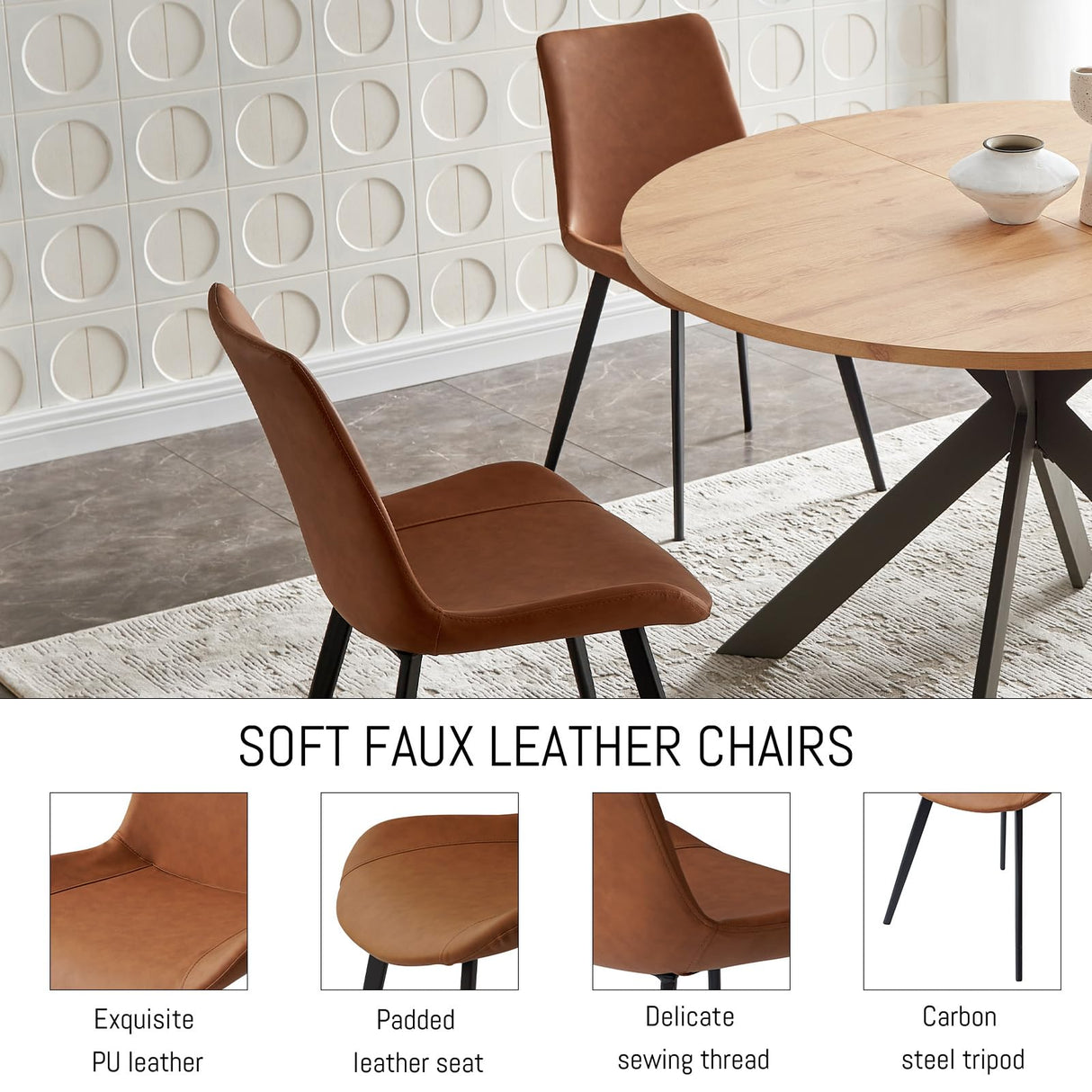 Zerifevni 46.4" Round Dining Table Set, Mid Century Modern Round Dining Table for 4-6 Person, w/Steel Legs, Coffee Table for Kitchen Dining Room, Office, Save Space (1 Table with 4 Brown Chairs) Zerifevni