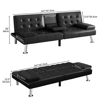 YITAHOME Convertible Futon Sofa Bed, Faux Leather Upholstered Modern Folding Futon Set with Removable Armrests, Adjustable Loveseat with 2 Cup Holders for Living Room, Black