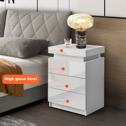 CLIPOP Modern Nightstand Set of 2, LED Night Stand with 3 High Gloss Chest of Drawers, Bedside Table Cabinet with Remote Control Lights, Wood Matte Nightstand 21.6" Tall Bedroom Furniture, Wh - WoodArtSupply